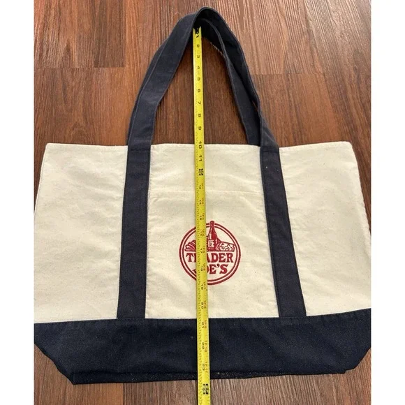 Trader Joe's Reusable Canvas Eco Tote Bag Heavy Duty Bag Blue White - Picture 4 of 11
